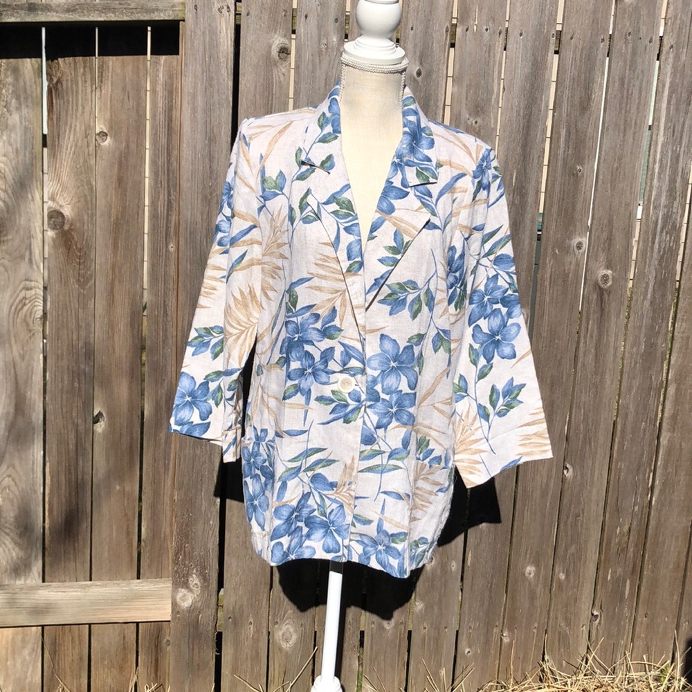 Vintage Floral Print Blazer / Cream & Blue/ Linen - Picture 2 of 11